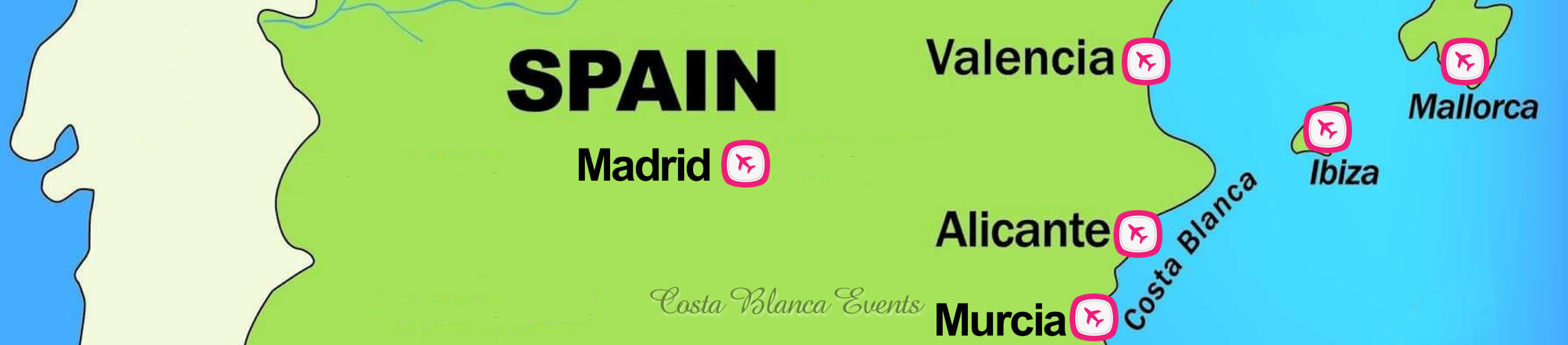 Karte der spanischen Costa blanca mit internationalen Flughäfen 
